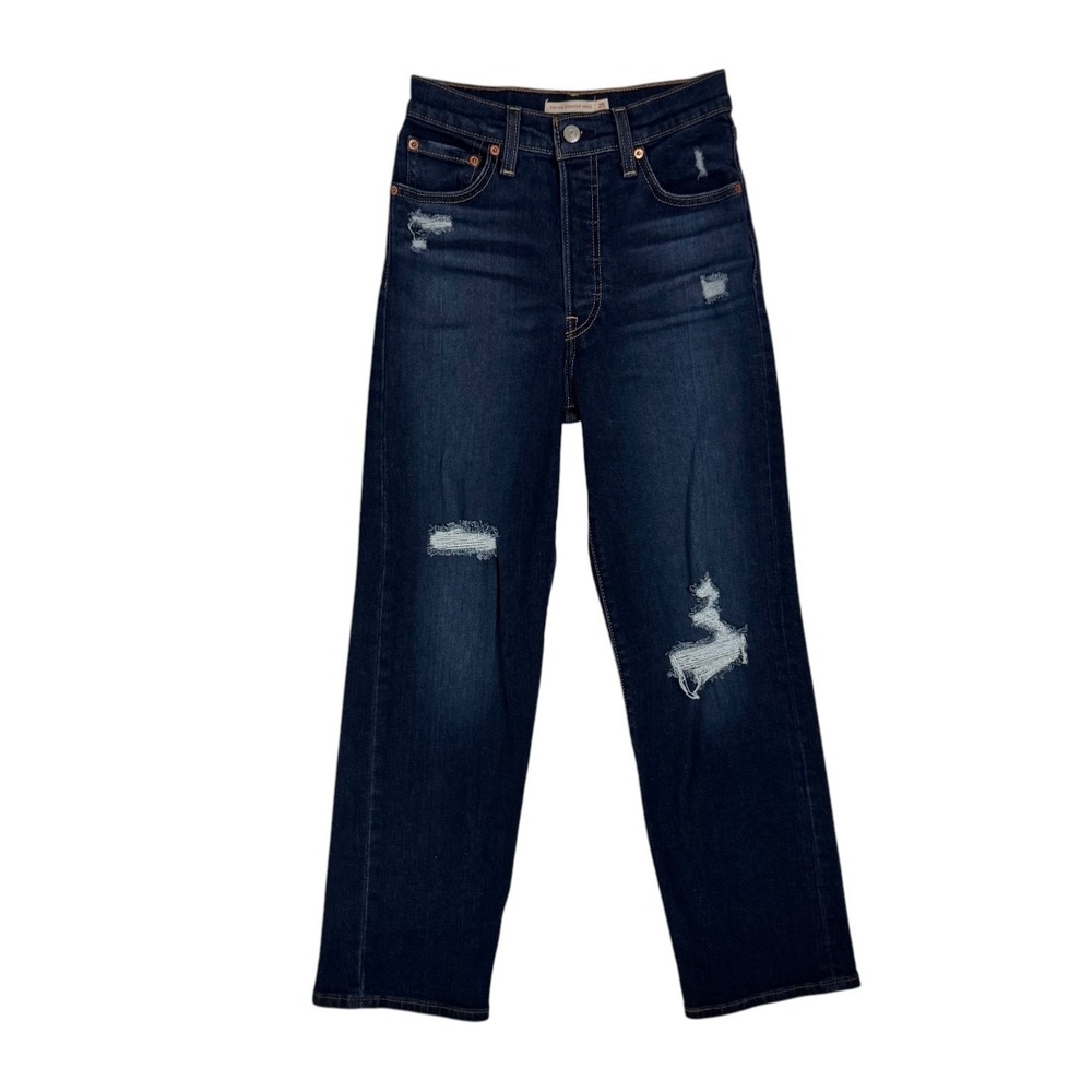 Levi's Ribcage Straight Ankle Jeans Size 25 High Waist Distressed Stretch Denim